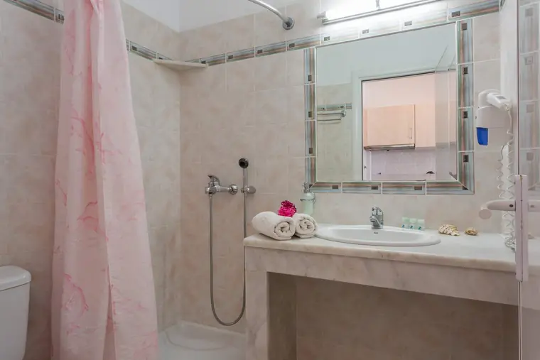 A bathroom with shower, basin and mirror