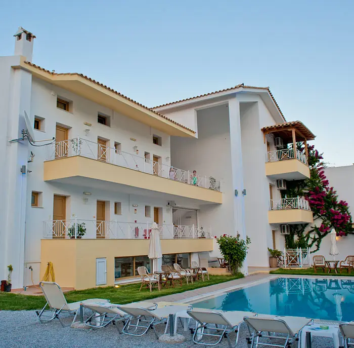 Balconies above the sunbeds and the pool